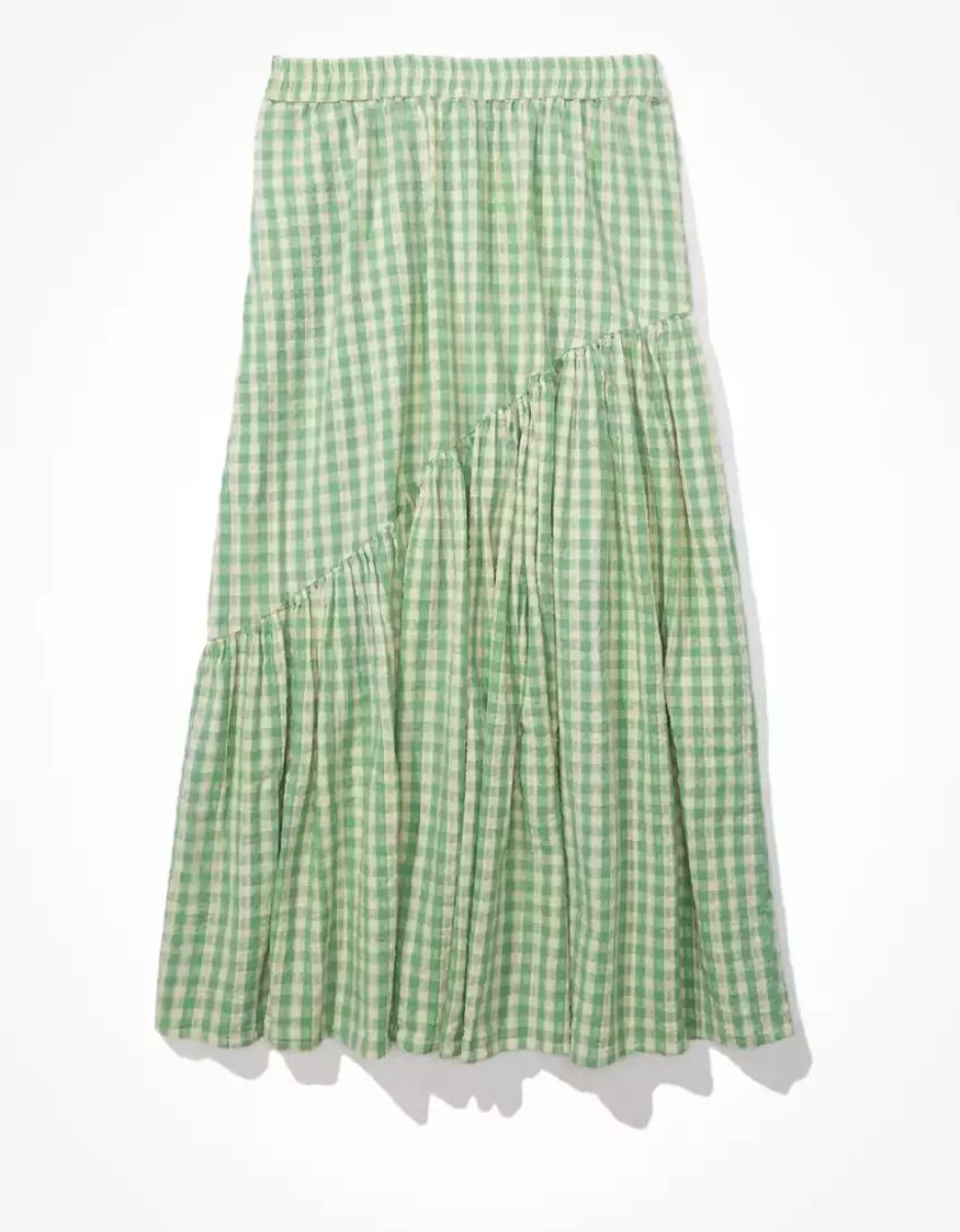 Jupes American Eagle AE Gingham Asymmetrical Tiered Midi Vert Femme | XXY-44850123